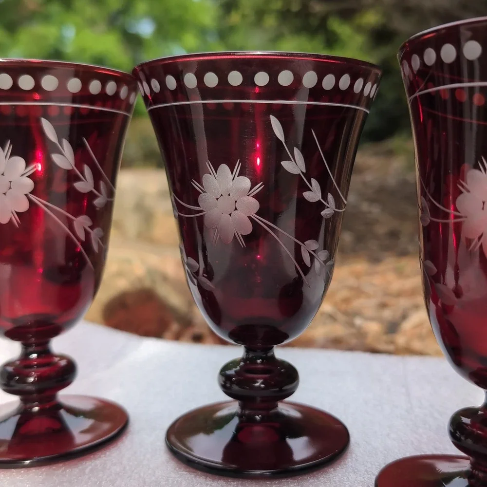 Williams Sonoma Goblet Set Ruby Red Vintage Cut to Clear Floral Glass Etched 4pc